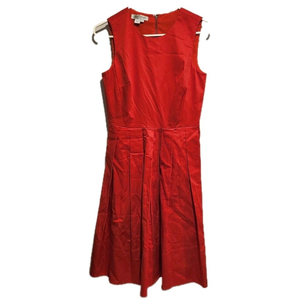 Kay Unger Cotton Blend Pleated A-line Midi Dress Orange Size 6